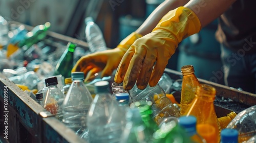 Garbage Sorting The hands of the employee in gloves on the conveyor for recycling and sorting garbage from plastic bottles, glasses of different sizes.