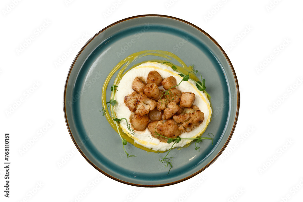 broccoli with rice porridge on a plate, top view, cut out, top view broccoli with rice porridge on a plate, top view, cut out, top view