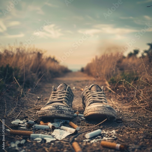 Weathered sneakers abandoned on a dirt path, surrounded by dry grass and scattered cigarette butts, evoke a poignant narrative of human impact on natural landscapes.