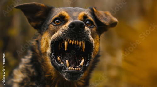 Very aggressive rabid dog with big teeth and dangerous furious look. Attack of scary wild dog on people photo