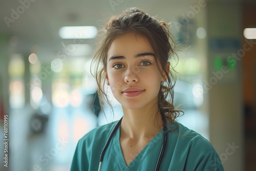 Young Female Healthcare Professional Portrait,A close-up portrait of a young Asian woman wearing medical scrubs, with a soft-focused clinical background.