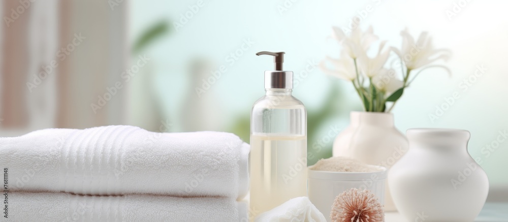 Spa Background : Toiletries, soap, towels, creams and lotions on blurred white bathroom