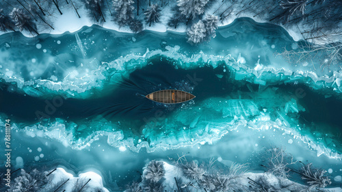 Overhead winter view of a boat dock between frosted trees and icy blues of a frozen lake, conveying a serene chill