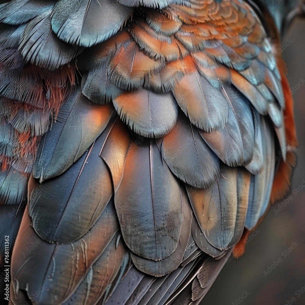 Obraz premium An intricate close-up of bird feathers, showcasing a rich tapestry of earthy hues.