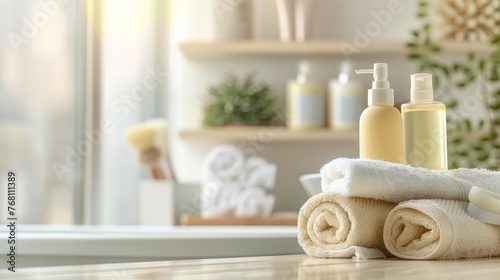 Spa Background : Toiletries, soap, towels, creams and lotions on blurred white bathroom