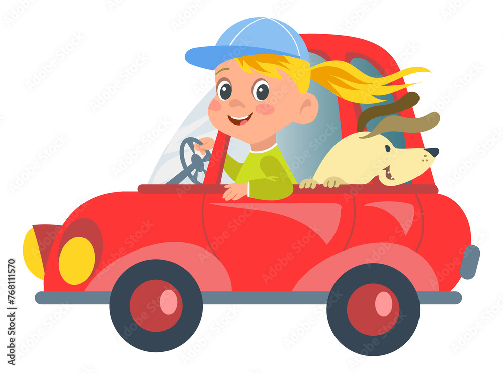 Boy and dog riding on car. Kid travel with pet