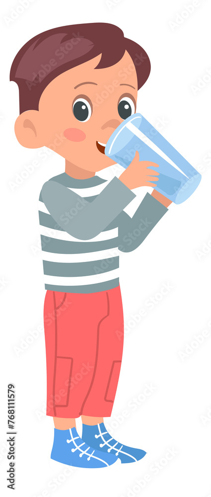 Boy drink water from glass. Cartoon thirsty kid Boy drink water from glass. Cartoon thirsty kid