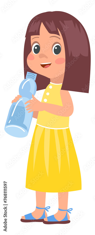 Child drink water. Cartoon girl with plastic bottle Child drink water. Cartoon girl with plastic bottle