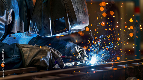 close up of a welder is welding in the workstation, welder at the workstation, welder doing hard work in the garage