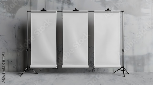 Three blank white paper roll up stands in front of a gray concrete wall. The paper rolls are held up by metal tripod stands.