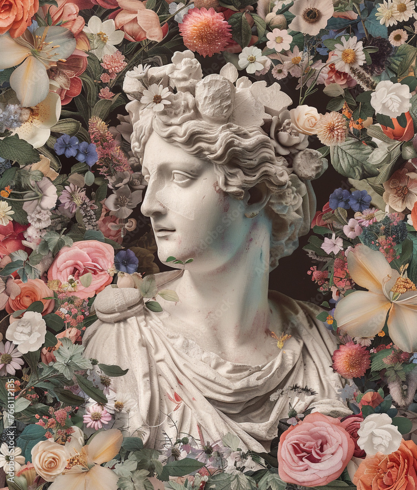 Collage with antique male sculpture and flowers.