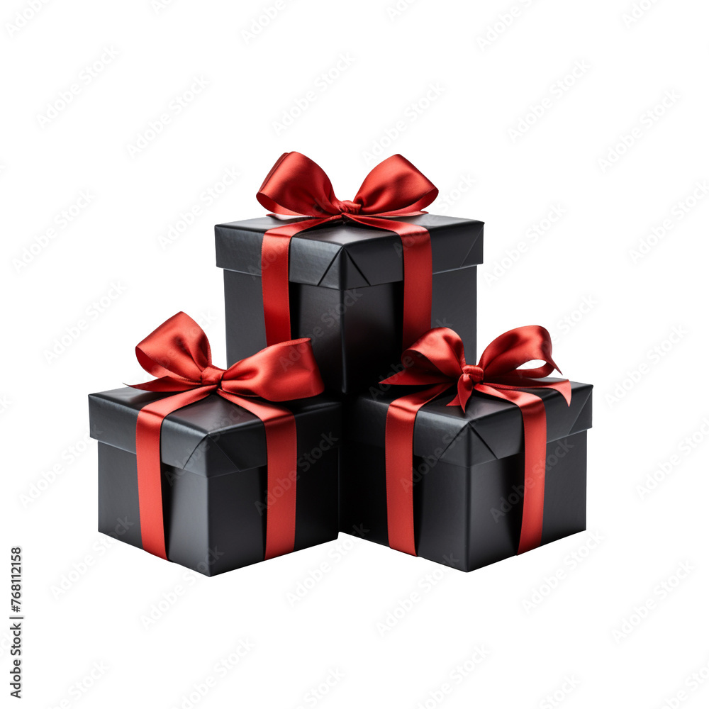 Black gift boxes with red ribbon isolated on transparent background Black gift boxes with red ribbon isolated on transparent background