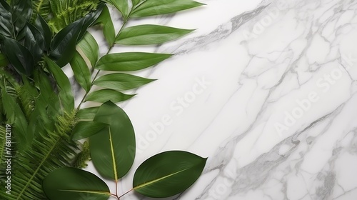 Marble podium and leaves for display of natural cosmetics. Nature background for luxury product placement