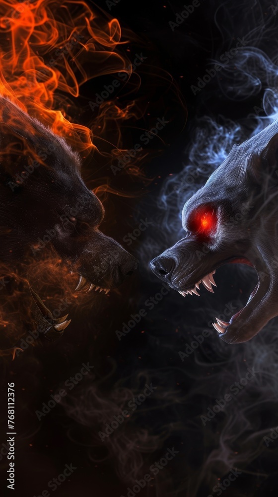 Fototapeta premium Digital art of a fierce fiery beast facing off against a frigid icy creature, embodying a battle of extremes.