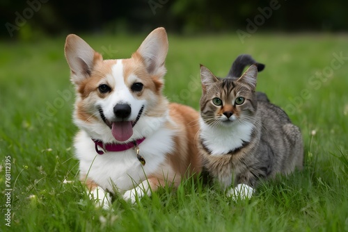 Fluffy friends Corgi dog and tabby cat relax in meadow