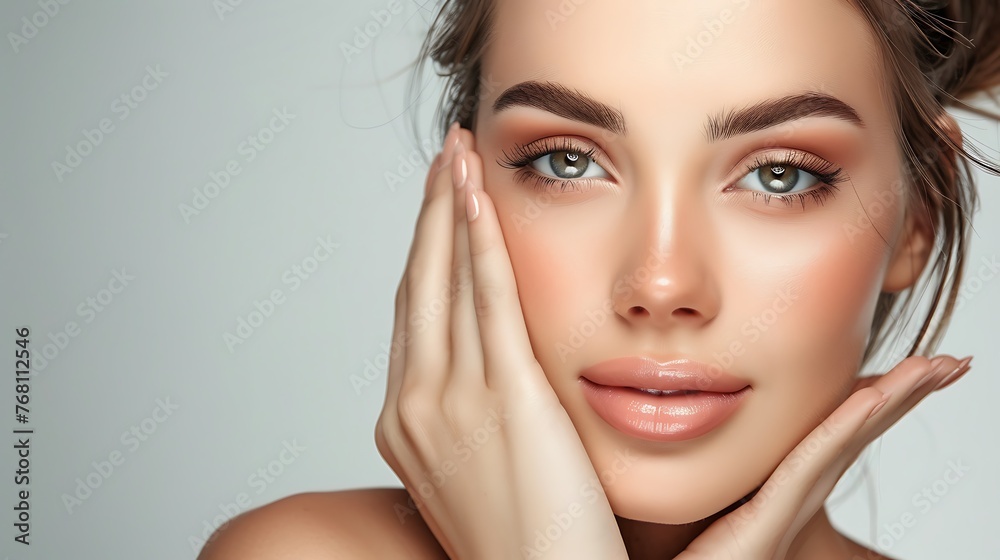 Close-up portrait of a beautiful young woman with perfect skin and natural makeup. She is smiling and looking at the camera. Close-up portrait of a beautiful young woman with perfect skin and natural makeup. She is smiling and looking at the camera.