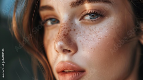 Close-up portrait of a beautiful young woman with freckles on her face. © togrul