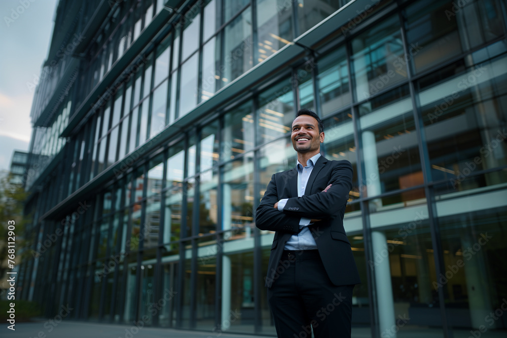 a man in a suit is standing in front of a building with his arms crossed