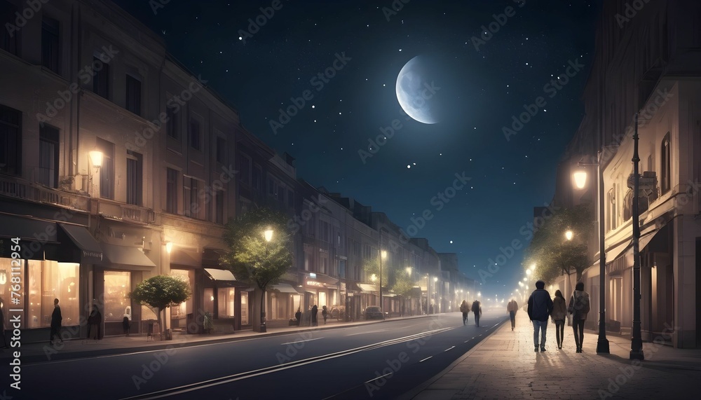 A realistic beautiful street in a city with attractive street lights along people are walking behind it a night view with moon and shinning stars