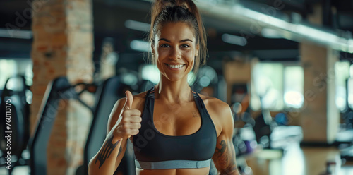 Beautiful woman showing thumbs up while smiling in the gym