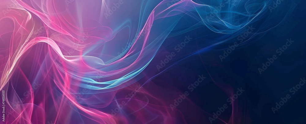 Neon waves of light create a cosmic flow over a digital silk texture, blending blue and magenta in a radiant, flowing abstract.