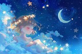 Adorable smiling girl sitting on fluffy clouds before a starry night sky - Cute Little Angel Watercolor Illustration Background created with Generative AI Technology