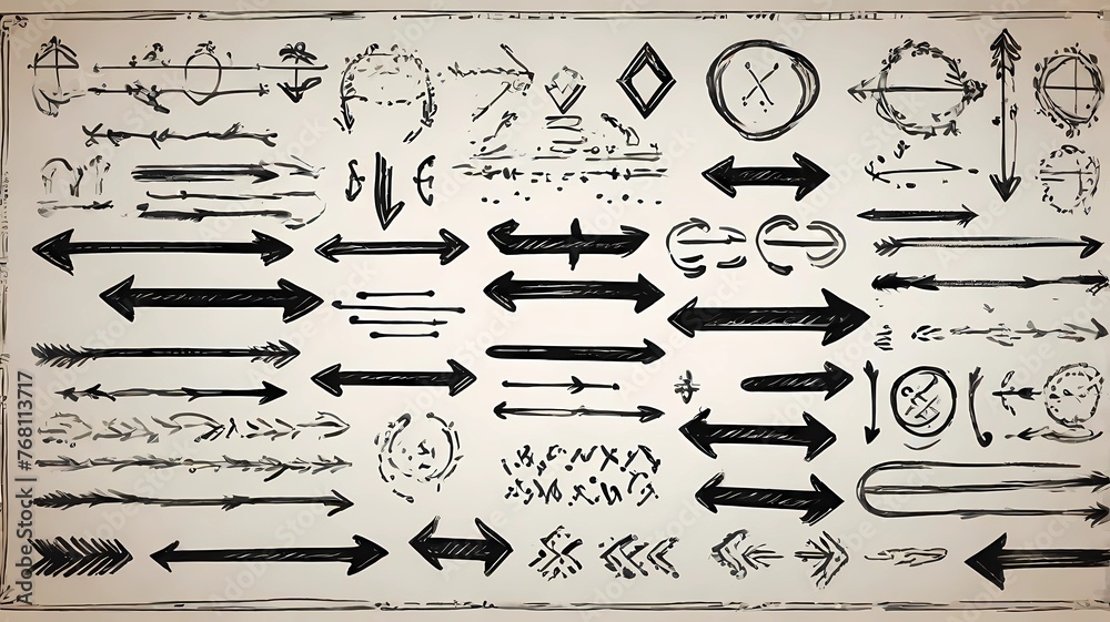 A group of chalked arrows and frames. Hand drawn black charcoal symbol ...