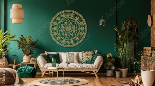 a flourishing mandala on a deep emerald green wall, complemented by a chic sofa arrangement.