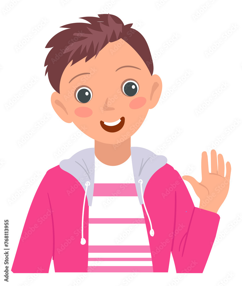 Cartoon boy waving hand. Kid greeting gesture Cartoon boy waving hand. Kid greeting gesture