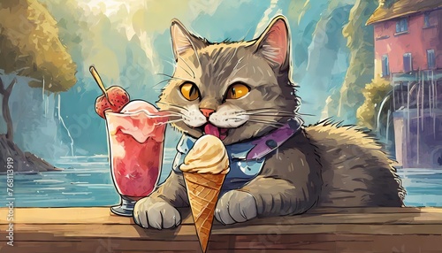 animated, colorful, happy ice cream with wonderful background, ice cream eaten by a cat, landscape with beautiful light, vacation, sea, ocean, heat, juice, dessert, children