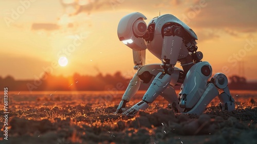 Futuristic robot planting seeds, automated farm, sunrise, wide angle, hightech agriculture, dawn light #768113985