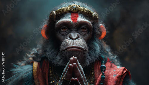 Close-up of Hindu god Hanuman in meditating position. Temple scenery photo