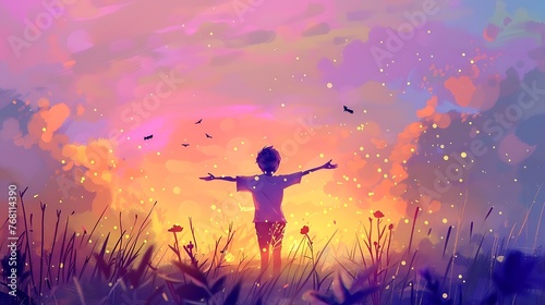 The image is a beautiful landscape with a sunset and a boy standing in a field of flowers.