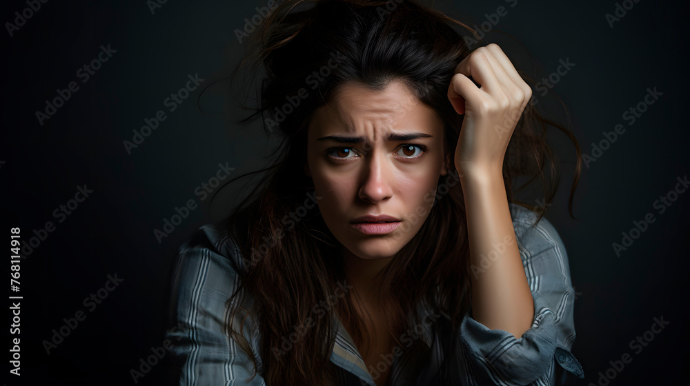 woman with a worried face, worried woman with her hands on her head