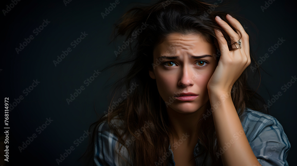 woman with a worried face, worried woman with her hands on her head woman with a worried face, worried woman with her hands on her head