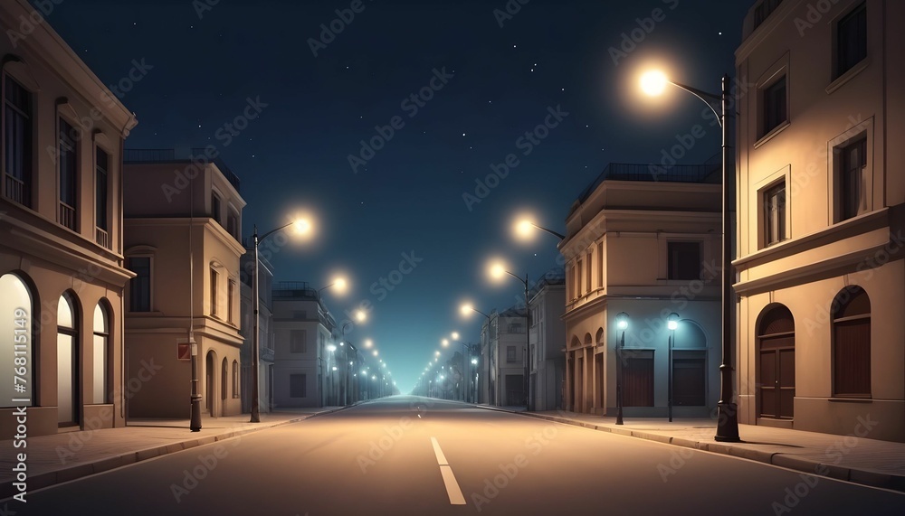 A realistic beautiful street in a city with attractive street lights behind it a night view and clear sky
