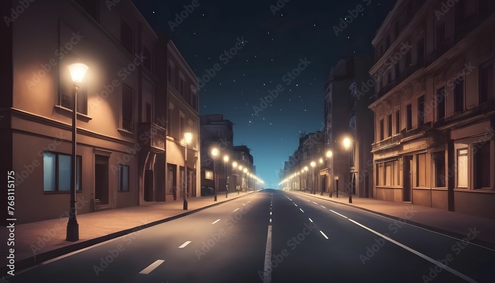 A realistic beautiful street in a city with attractive street lights behind it a night view and clear sky