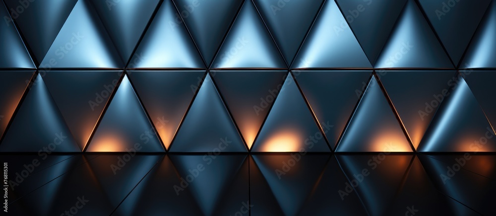 Obraz premium A close-up view of a wall with bright lights shining on it. The reflective metallic surface enhances the geometric steel texture, highlighting an industrial and technologically advanced aspect of life