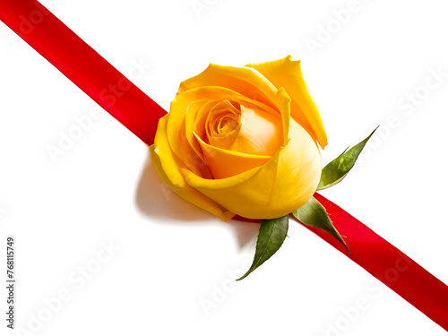 Rosa amarilla sobre una cinta de raso de color rojo, PNG. photo