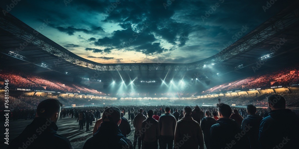 A view from the back rows of a busy boxing arena during a sporting event as a light show illuminates the room.
Concept: mass events, sports competitions and public interaction.