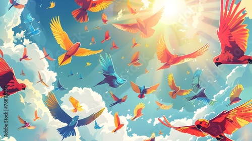 Illustration of a flock of birds flying in the sky. photo