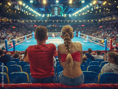 Spectators and fans look at the boxing ring, illuminated by bright lights. Concept: sport and motivation. gyms and sporting events.