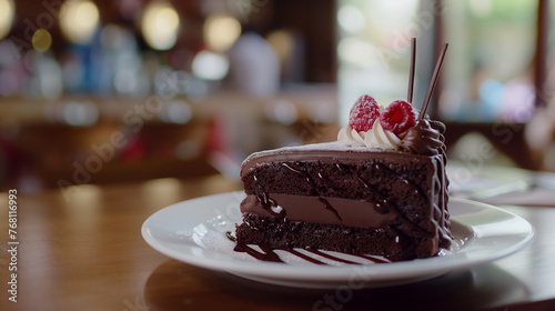 prato de bolo de chocolate em um mesa no fundo desfocado