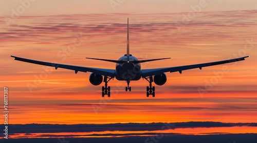 A Jetliner Takes Flight at Sunset, Landing Gear in Sight - The captivating moment a jetliner takes to the skies during the magical hour of sunset is immortalized in this image.