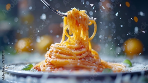 Tasty Spaghetti pasta with tomato sauce  parmesan cheese and basil on plate  closeup