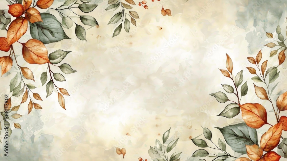 Watercolor background with leaves. Flat lay, top view, copy space. retro vintage style and soft focus.