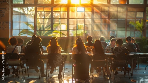 A classroom filled with vibrant minds, eagerly engaged in discussion under the warm glow of morning sunlight.