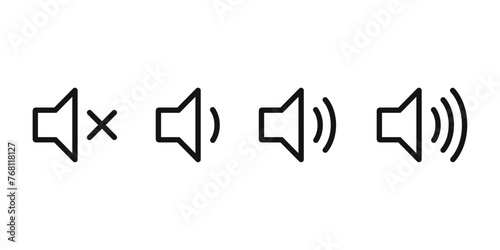 Speaker volume icons with sound waves. Volume up, down, and mute collection. Vector illustration
