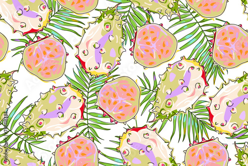 Seamless pattern with kiwano and tropical leaves on a white background. Horned melon or cucumber. Summer design for cards, wallpaper, food wrapping paper, fabric, background etc. Hand drawn. Vector.