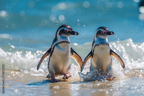 Two penguins enjoying the surf, as they emerge from the sparkling ocean waves onto the shore.